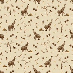 Cute watercolor pattern with trees, elephants, stones and birds. Africa, safari, nature. Seamless print on light background