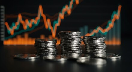 Visualizing Financial Growth Stacks of Coins Against a Dynamic Stock Market Chart Background