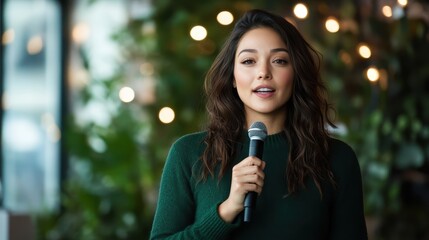 A focused young woman with long dark hair addresses an audience, holding a microphone in a stylish café setting, beautifully illuminated by soft, ambient light conveying a sense of connection.