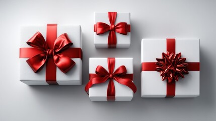 Four white gift boxes with red ribbons and bows.