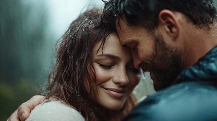 A couple shares a tender moment in the rain, their joyful expressions radiating love and intimacy, with droplets cascading down their faces in a beautiful, romantic atmosphere.