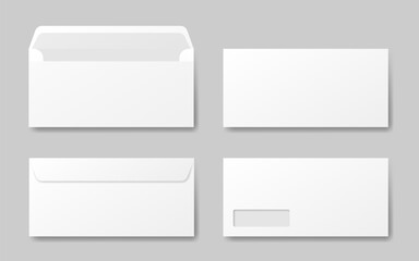 White envelope mockup. Front and back side. Open and closed envelopes. Business correspondence. Address window
