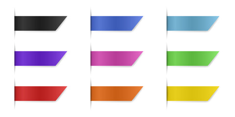 Fototapeta premium Set of rectangular bookmarks. Thin strips of paper can be inserted into a book or magazine. Horizontal orientation. Multicolored labels with shadows. Вeveled shape