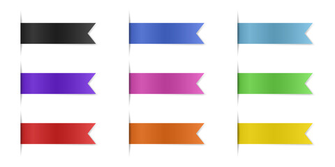 Fototapeta premium Set of rectangular bookmarks. Thin strips of paper can be inserted into a book or magazine. Horizontal orientation. Multicolored labels with shadows. Flag shape 