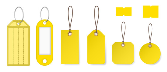 Set of yellow price tags and keyrings. Price stickers. Luggage tag. Cardboard label for clothes. Key tags with split ring and window. Keychains