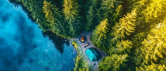 Colorful tents near lake in autumn forest, aerial view of camping site