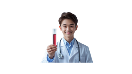 Smiling Asian Male Doctor Holding Test Tube with Red Liquid