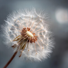 Fototapeta premium Close-up macro of a fluffy white dandelion seed head, a beauty of nature in summer, ready for the wind to carry its seeds across the green grass