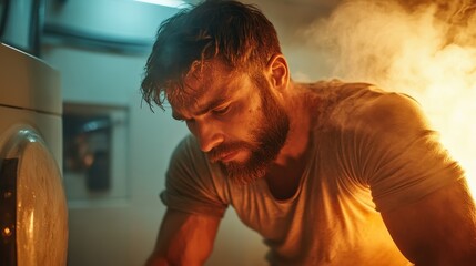 A rugged man with a beard, deeply focused in a dramatic setting filled with steam and fire, showcasing determination and hard work against challenging circumstances.