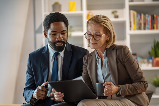 mature caucasian woman and african american man talk about business