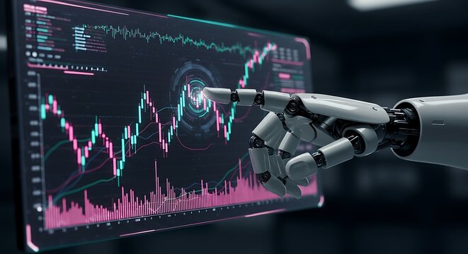 Robotic hand interacting with advanced financial data visualization on a digital display - Powered by Adobe
