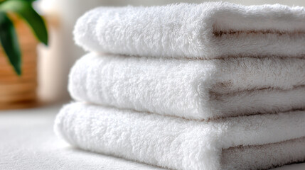 Soft white towel stack neatly folded on clean surface with blurred plant background for cozy bath