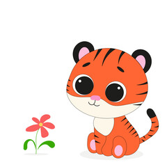 Vector illustration of cute cartoon tiger cub with orange stripes and big eyes sitting next to pink flower on white background.