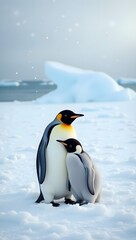 Fototapeta premium Cute emperor penguins in the snowy Antarctic wilderness