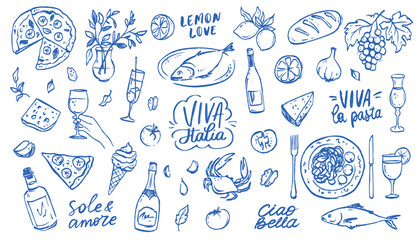 Whimsical Italian Food Doodle with Vintage Summer Vibe. Pasta on a Plate, Wine Bottle and Pizza Slices