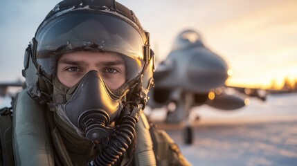Fototapeta premium A focused pilot in full gear stands in front of a majestic fighter jet during sunset, capturing the essence of aviation and courage in a captivating scene.