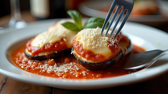 Detailed view of an Italian baked eggplant dish with tomato, mozzarella, and Parmesan
