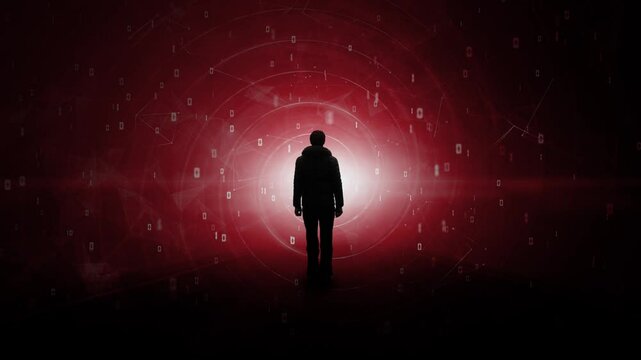 Person silhouette on dark dangerous red loop spiral circle motion with binary code data animation.
