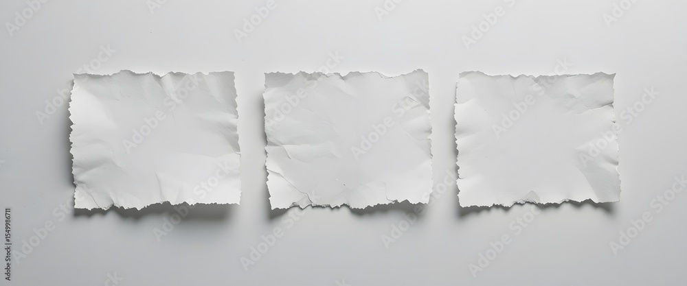 Aufkleber Three Torn Paper Pieces. Light Paper With Irregular Edges For Notes. Dynamic Ripped Paper Background. Crumpled Texture Minimalist Design, Suitable For Promotion.