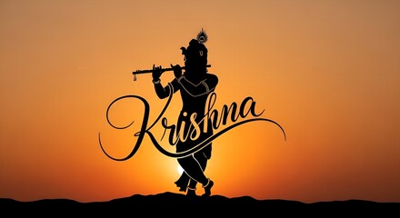 Silhouette Artistic Krishna Playing Flute at Sunset Sky Religious Illustration