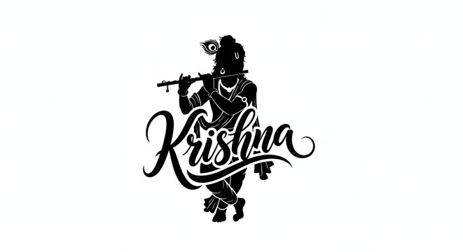 Silhouette Artistic Illustration of Lord Krishna Playing Flute with Calligraphy