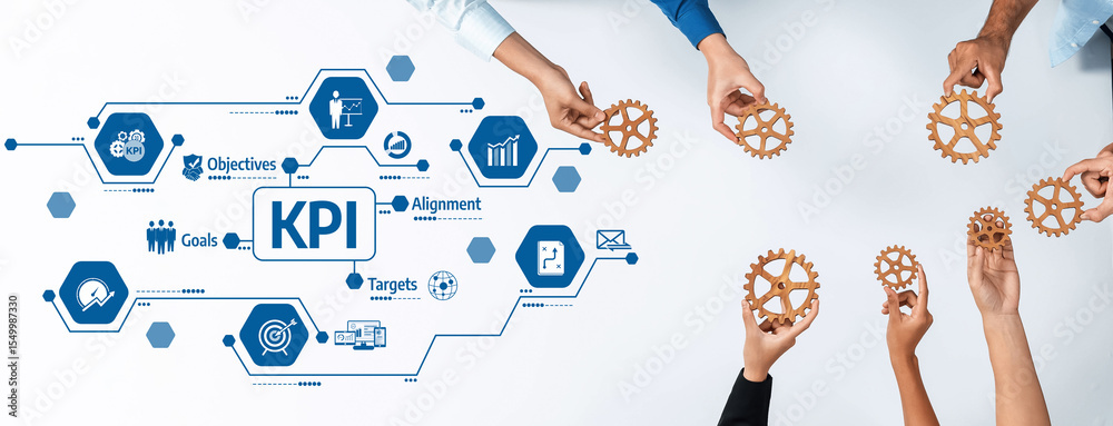 Aufkleber a dynamic team collaborates on defining key performance indicators, utilizing symbolic gear mechanis
