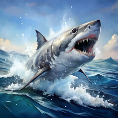 Obraz premium Great white shark leaping out of the water in a dynamic pose against a backdrop of ocean waves.