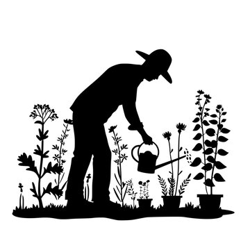 recommend clip art: a black silhouette of a man planting flowers in a garden with a watering can black, flower, garden, gardener, man, plant, silhouette, watering can , Generative art.