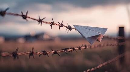 Paper airplane stuck on barbed wire fence symbolizing freedom and restriction