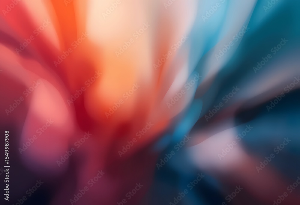 Poster abstract color flow, a dreamlike blend of warm red, orange, and subtle blue tones. soft swirls creat