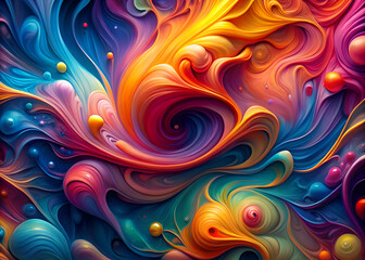 Abstract vibrant swirling paint pour with dynamic colours. Artistic texture display of colorful flowing paint with embedded spheres.