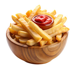 Golden French Fries in a Rustic Wooden Bowl with Ketchup isolated on transparent bacckground