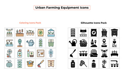 Urban Farming Equipment Icons Set – Color and Silhouette Style
