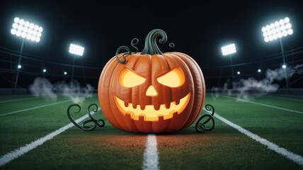 Lit jack o lantern on football field at night