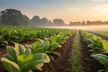 Vast tobacco field with rows of green plants stretching towards a misty sunrise horizon silhouette