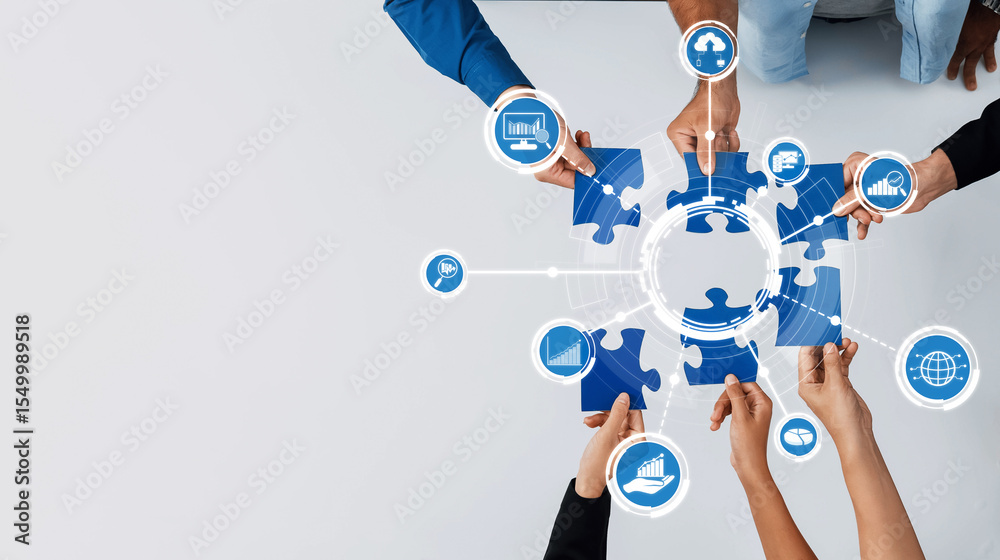 Aufkleber A diverse group of hands collaborates to assemble puzzle pieces, symbolizing teamwork and data analysis in a professional setting, emphasizing innovative insights. Amity