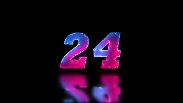 Neon 30s Countdown animation. Neon bright glowing countdown timer animation. Top 30 countdown, neon light numbers from 29 to 0 on black background.