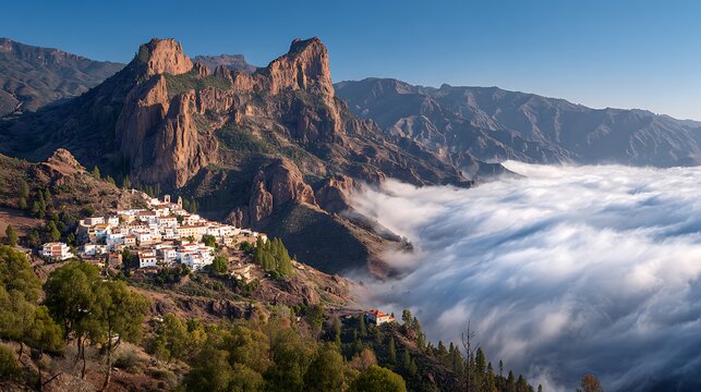 Roque Nublo, Gran Canaria Village Above Sea of Clouds, Canary Islands Landscape View