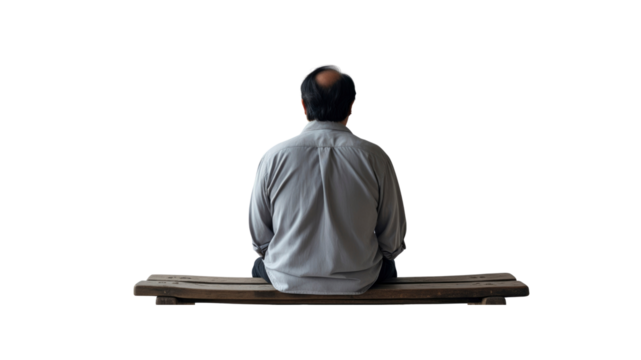 Contemplative Man Sitting on a Wooden Bench, Back View