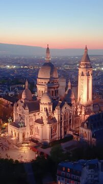 Experience the Stunning Views of the Basilica at Dusk Over the Romantic City of Paris. Vertical video