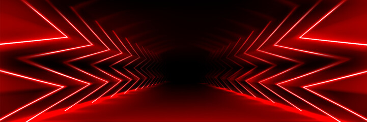 Obraz na płótnie Canvas Futuristic red neon tunnel with glowing geometric lines - abstract corridor perspective with bright laser arrows creating infinite depth for cyberpunk bg, gaming or electronic music designs.