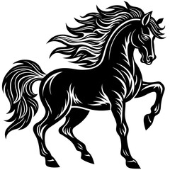 Obraz premium Black stallion prancing with flowing mane isolated on white background