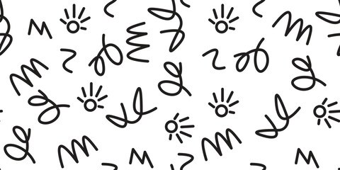 Hand-drawn doodle seamless pattern with abstract squiggles, sun shapes, and playful curves. Perfect for fabric, wallpaper, and creative backgrounds. Modern, minimal, and quirky line art design.