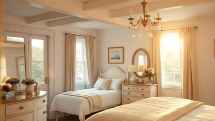 Coastal white cottage bedroom with elegant bedding, bespoke furniture, and country-style decor, perfect for English holiday rental, interior design, and home lifestyle content.

