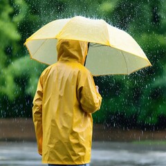 Man in yellow raincoat with umbrella in rain