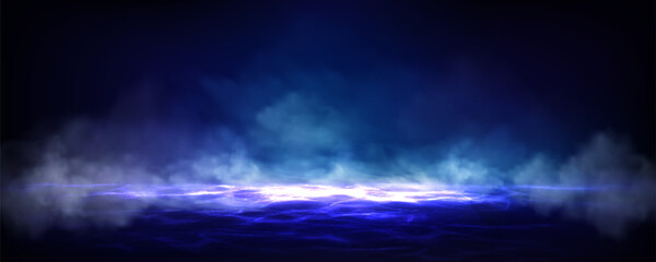 Atmospheric smoke fog over water scene. Realistic mystical mist rising from dark ocean surface with dramatic lighting effects for fantasy landscapes, mysterious ambiance background or stage design.