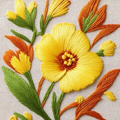 Close-up of colorful embroidery on fabric in the form of a yellow flower