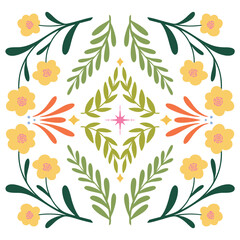 symmetrical floral folk pattern with yellow flowers and leaves 