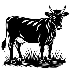 Fototapeta premium Black and white cow standing in grass isolated on white background