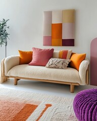 Cozy Living Room Interior: A modern living room features a cream-colored sofa with orange and pink cushions, complemented by a colorful geometric wall art and a plush purple pouf.